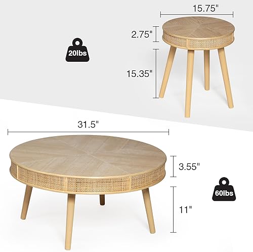 Miniatura 2 de Wnutrees - Mesa de café redonda de granja, juego de mesas auxiliares de sofá rústicas y mesas de té centrales anidadas con ratán hecho a mano para