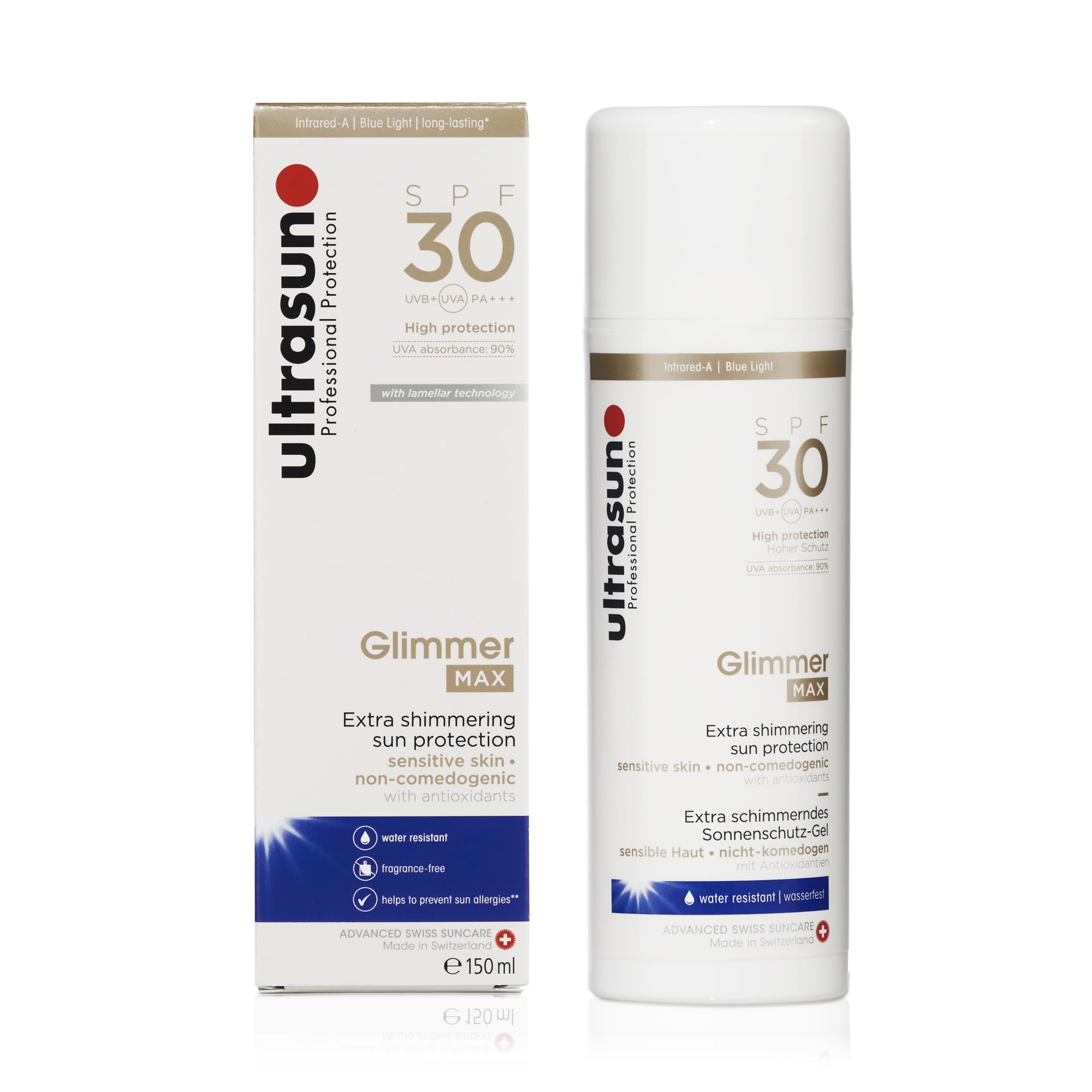 Ultrasun Glimmer MAX SPF30 Sonnenschutz-Gel, Extra Schimmernd, Wasserfest, Für Sensible Haut, Nicht-Komedogen, Mit Antioxidantien, 150ml