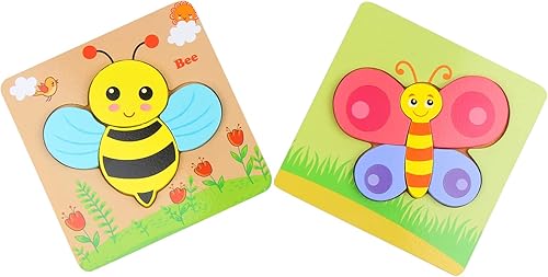 FINGOOO Paquete de 2 rompecabezas de madera para niños pequeños de 1 a 3 años, rompecabezas para bebés, juguete educativo de regalo (abeja mariposa)
