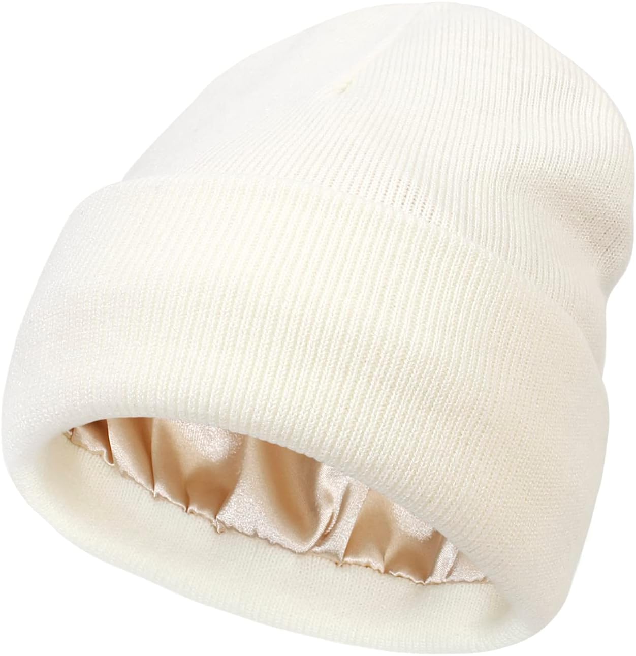 Womens Satin Lined Knit Beanie Hat Winter Warm Cuffed Knitted Silk Lining Hat Soft Cable Skull Cap