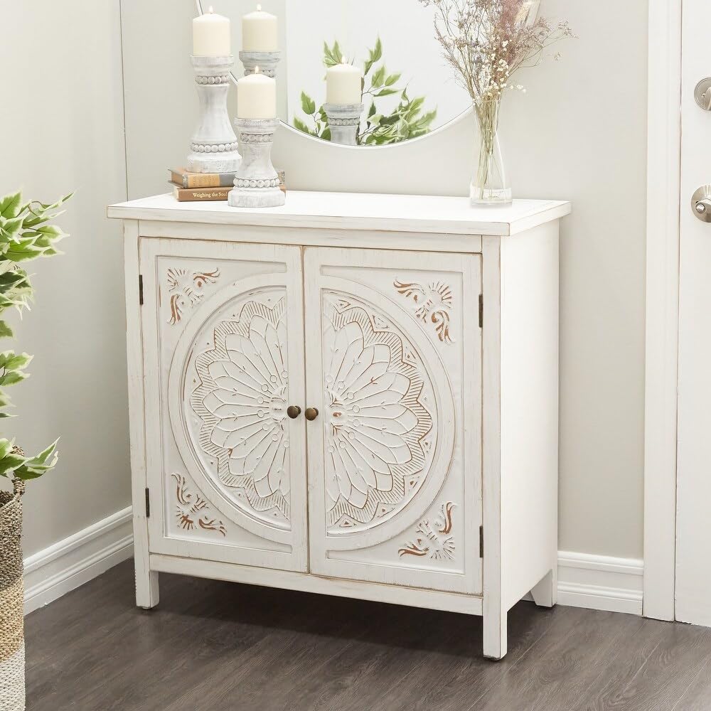 Home & Goods International Handcrafted Sideboard Cabinet with Intricately Carved Floral | 2-Door Storage for Living Room, Drawing Room, and Lounge | Dressing Cabinet (Distressed White)-picture-10