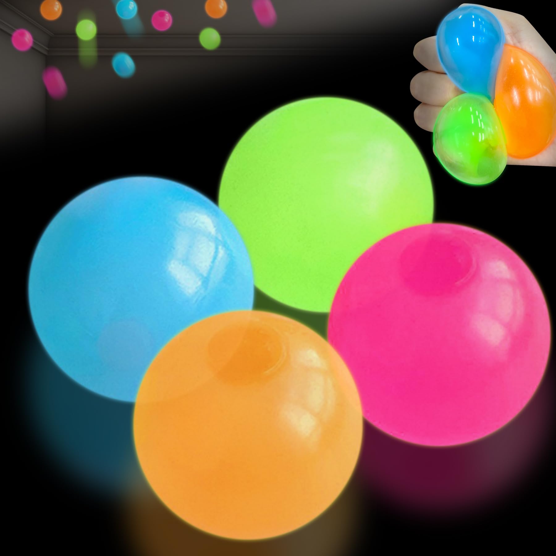 Tylices 4 Pcs Glow in the Dark Sensory Balls, Upgraded Glowing Sticky Balls Stick to The Ceiling
