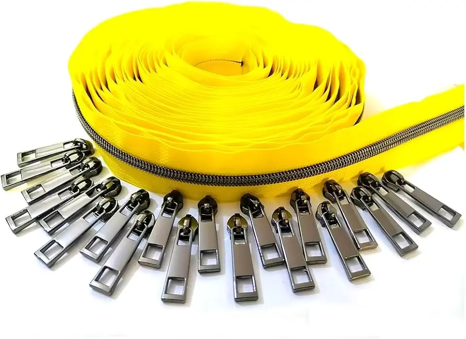 Zíper Por Metro - Zíper Metálico Nº 5, Longo Com Puxador De 20 Cm - Fita Para Costura De Estofados, Amarelo Chumbo