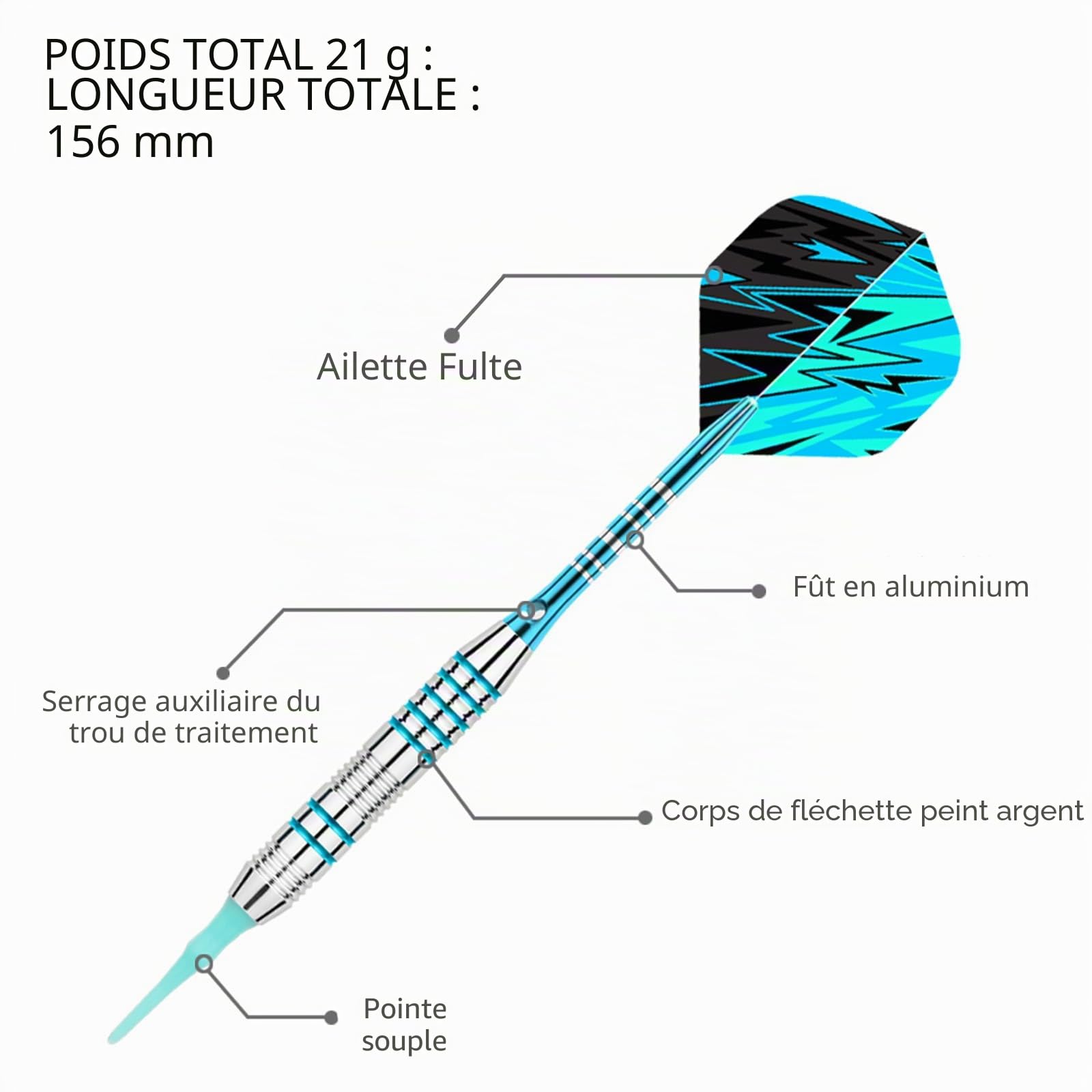 Genossen Flechette Pointe Plastique, Lot de 3 fléchettes 18 g Professionnelles, pour Cible de fléchettes électronique, avec 30 Pointes en Plastique, 3 ailettes et Sac de Rangement