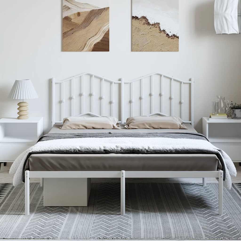 White Steel Bed Frame with Headboard 53 x 75 in Double Platform Bed Frame Sturdy Durable Metal Foundation with Storage for Modern Bedroom Minimalist Mattress Support