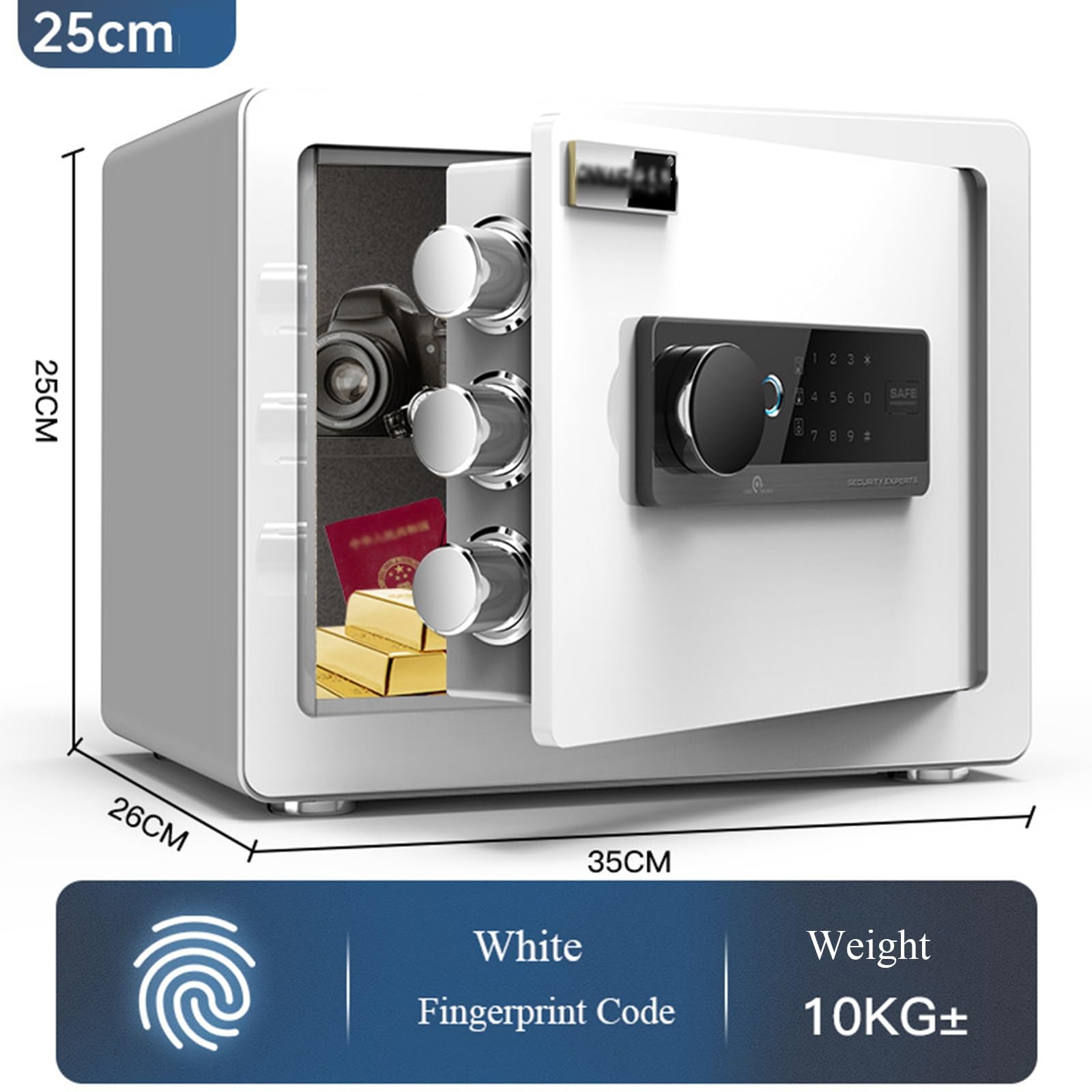 Cassaforte con Impronta Digitale Gioielli, Documenti E Chiavi Armadietto con Password Sistema di Sicurezza con Doppio Allarme 25 Cm/30 Cm(Weiß,25cm)