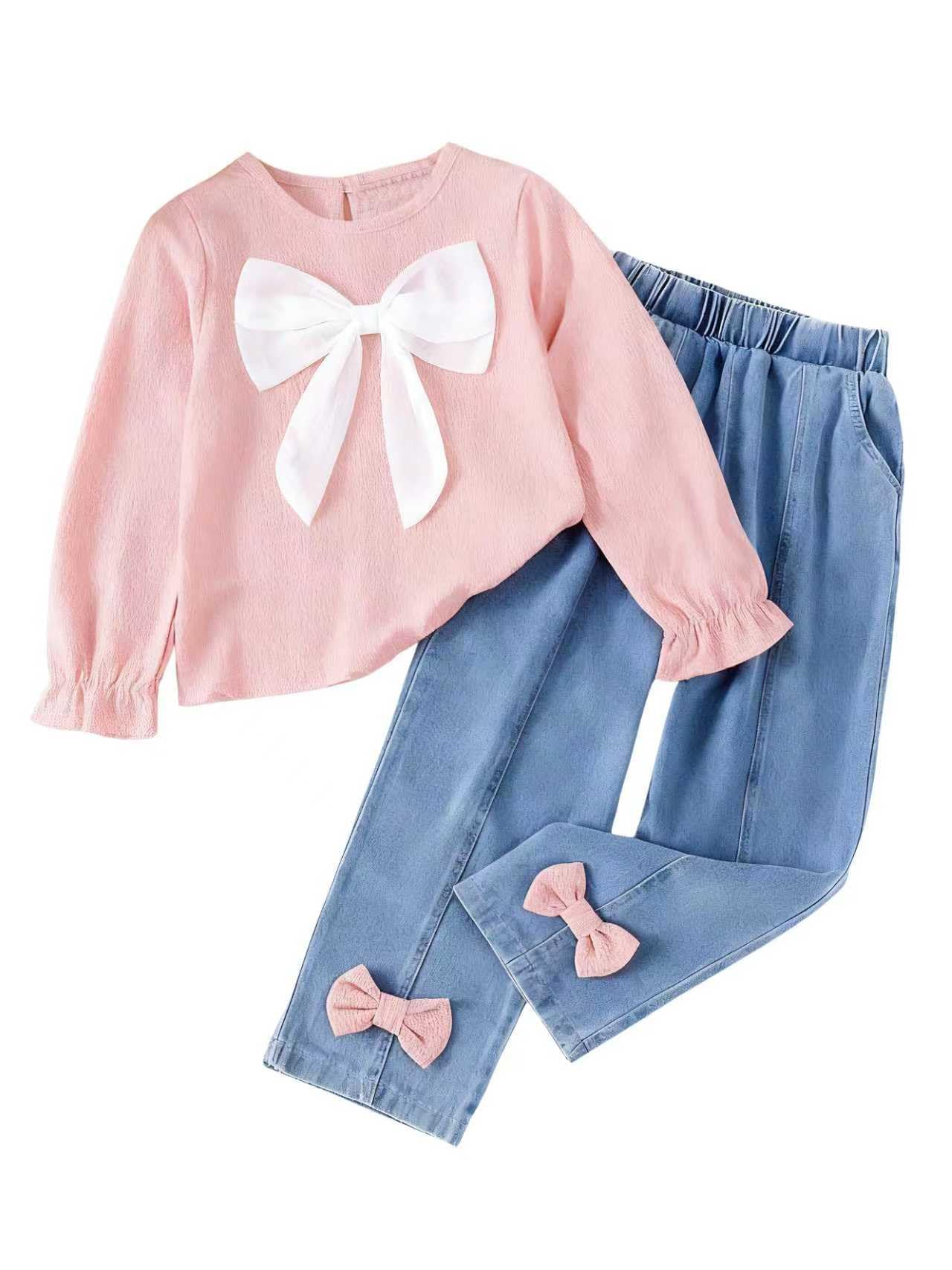 Axumity Conjunto de 2 piezas de ropa de primavera y verano, lindo lazo de manga larga + pantalones de mezclilla