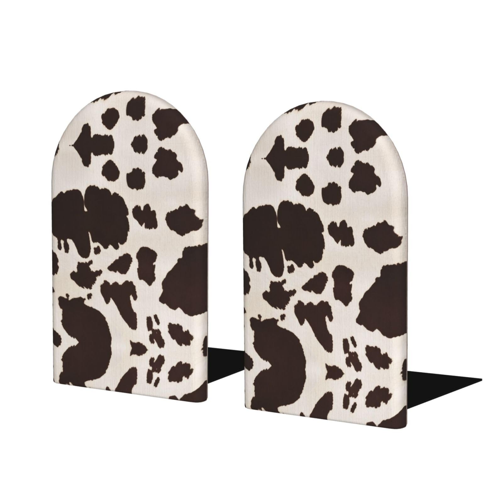 Cow Fur Print Stylish Bookends with Full-Print Design Durable Wooden and Metal Bookend Set for Home, Office