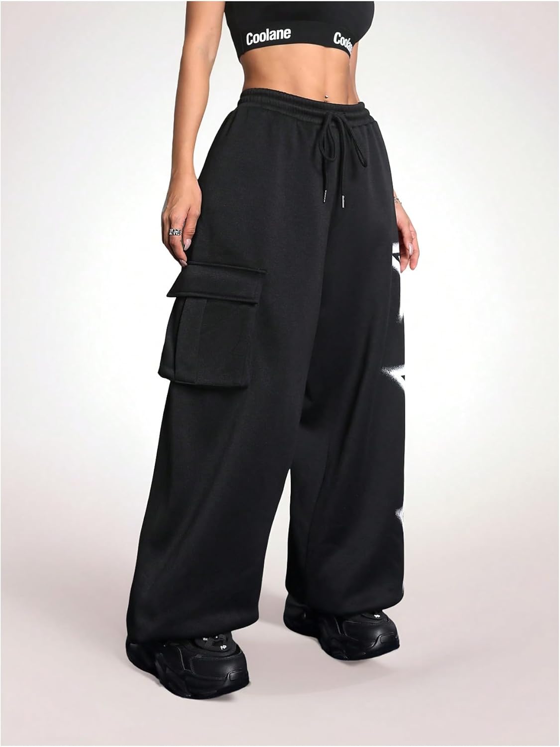 Women's Y2k Baggy Sweatpants Star Print Drawstring Elastic Waist Baggy Pants Wide Leg Fleece Lined Cargo Sweatpants - Image 5