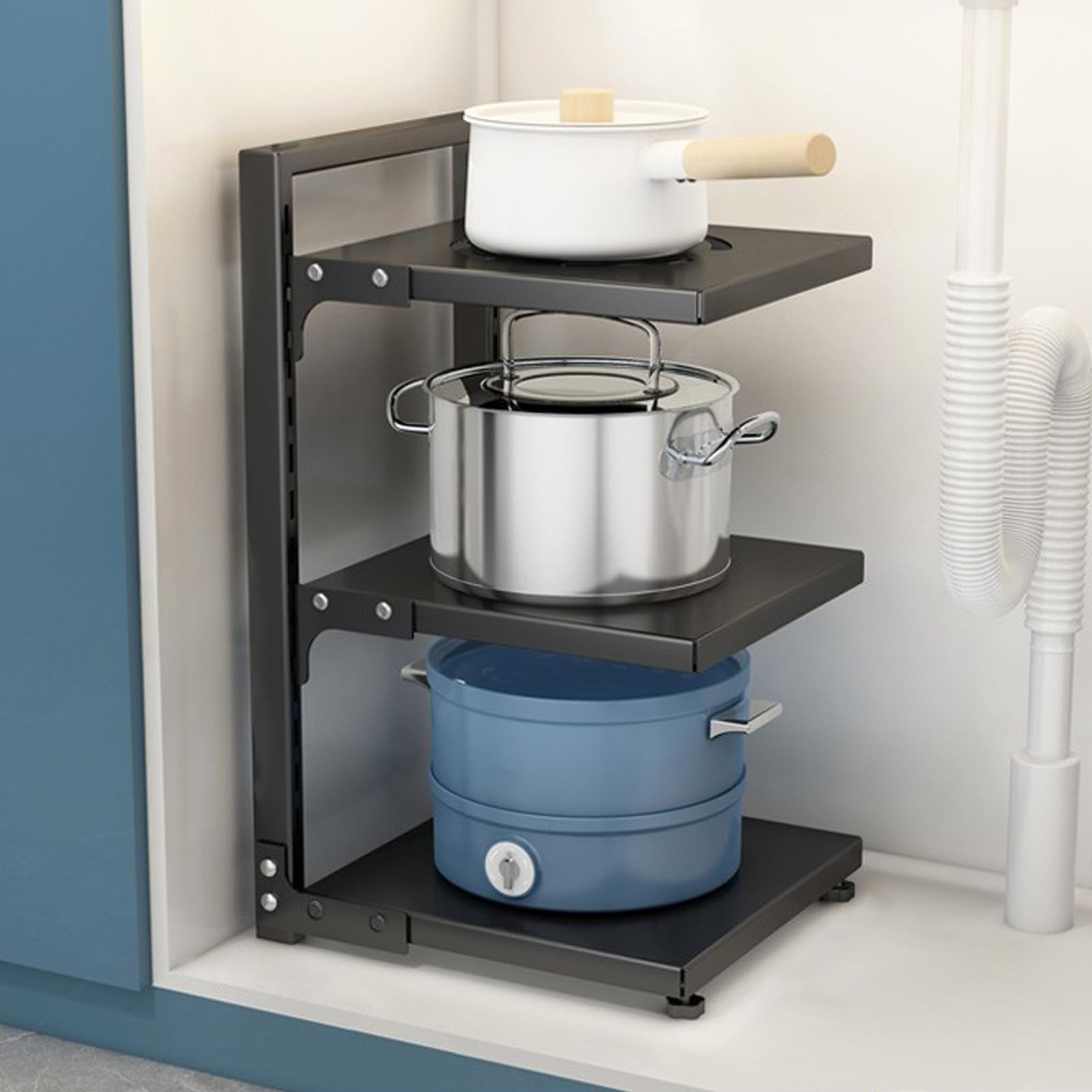Organizador de ollas y sartenes: estante ajustable de 3 capas para ollas de cocina y soporte para tapa para un almacenamiento eficiente y organización que ahorra espacio