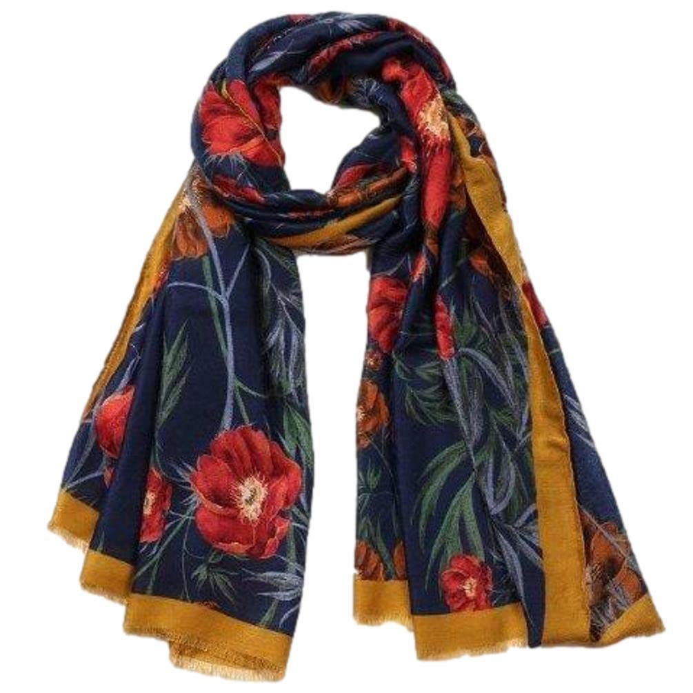 Purple Possum® Floral Scarf Ladies Navy Blue Red Flower Print Wrap Mustard Yellow Border Shawl