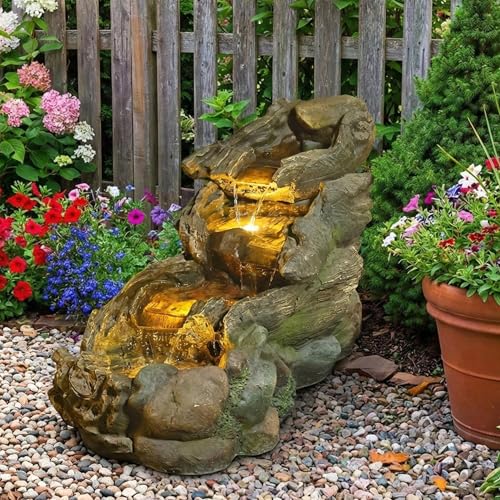 Image of Sunlinua 37 inch L Outdoor Water Fountain with 3 Tiers Cascading Realistic Tree Trunk Waterfall Fountains with LED Lights Outdoor Water Fountain for Garden Patio Backyard Porch Home Decor