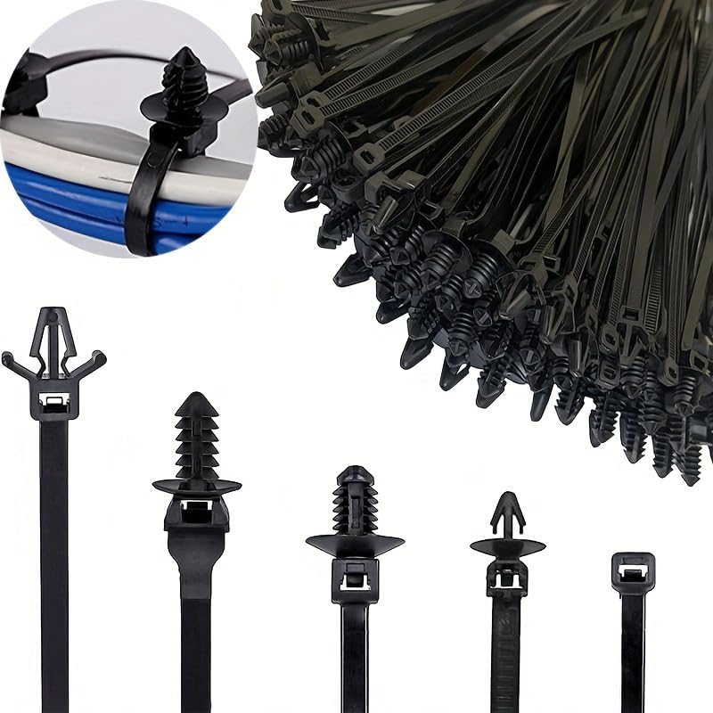 160-Piece Universal Nylon Push Mount Zip Ties, Heavy Duty, Self-Locking Cable Ties, Ideal for Indoor Wire Management, Construction, and Automotive Use, 5 Sizes