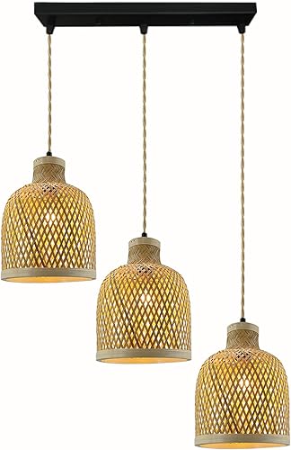 Lámpara de araña bohemia, cuerda de cáñamo rústica, luz colgante tejida a mano, jaula de ratán, cesta de luz costera, 3 luces, iluminación colgante