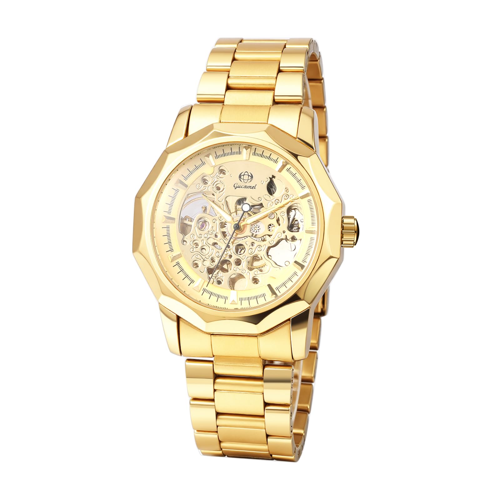 JewelryWe Reloj Mecánico Automático Hombre: Reloje de Pulsera Vestir Correa de Acero Inoxidable Dial de Engranajes Punteros Luminosa - para Regalo