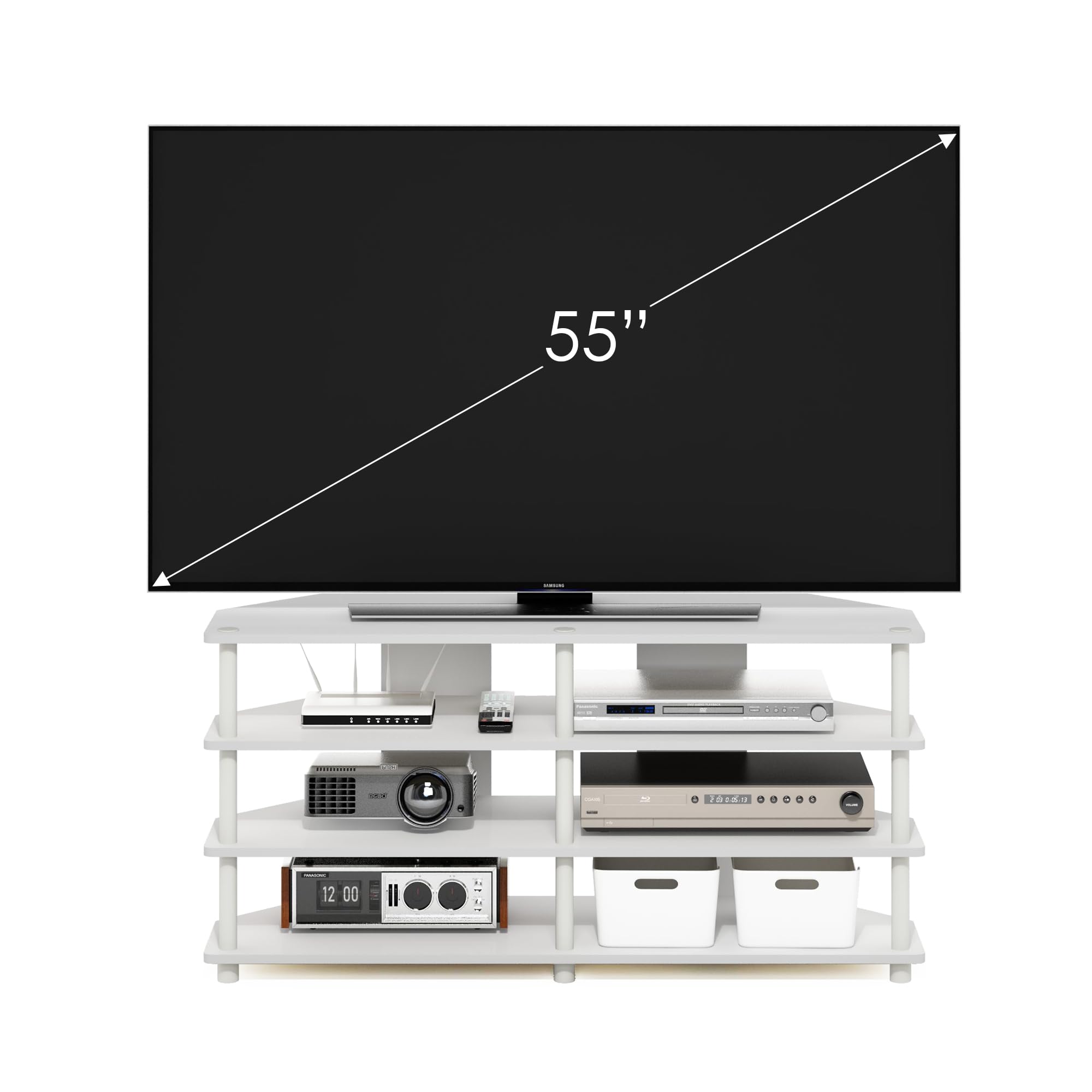 Furinno Econ leicht montierbarer 4-stufiger Eck-TV-Ständer für Fernseher bis 55 Zoll, Weiß/Weiß