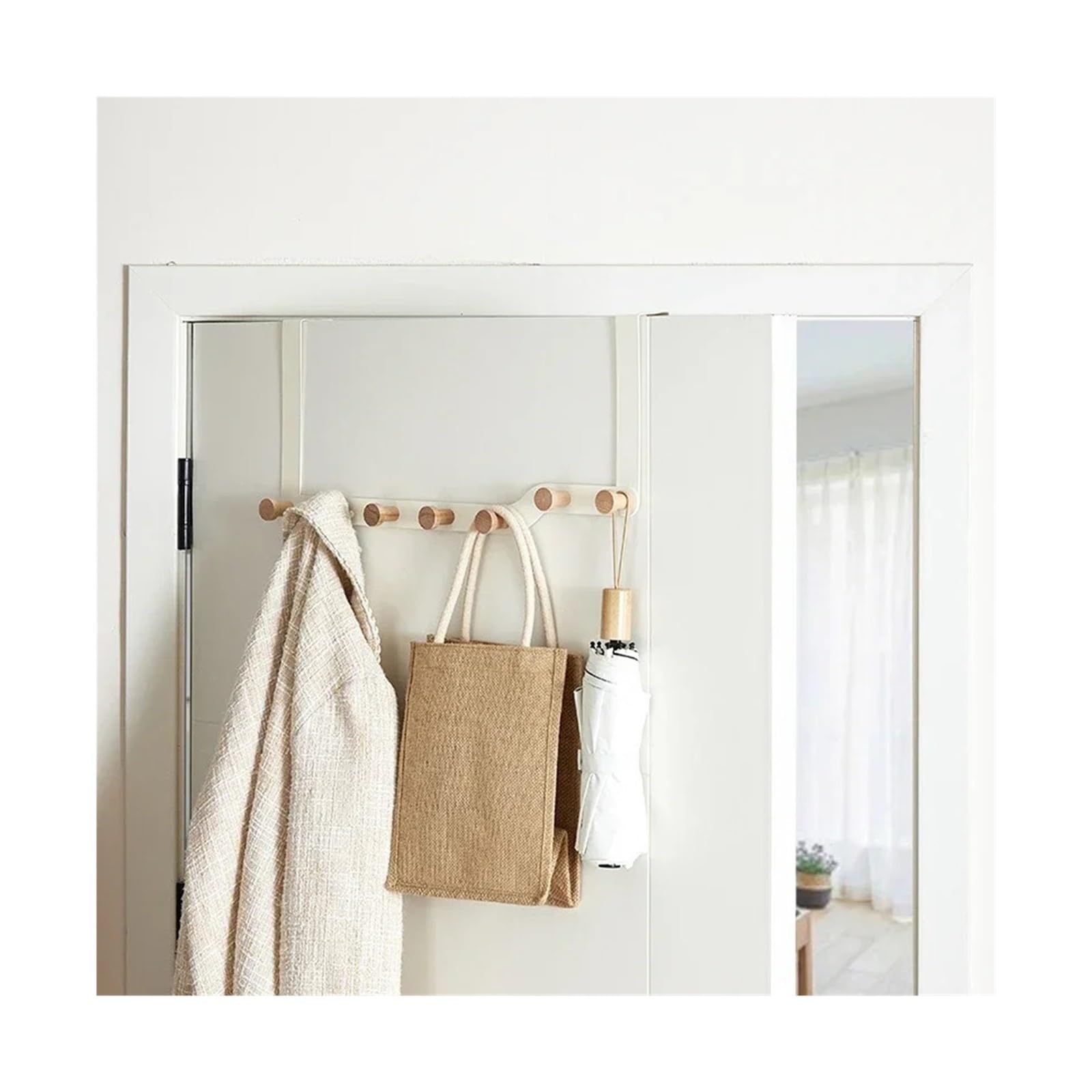 FDBTYJN Over Door Hook Over The Door Hook Hangers Organizer Rack Housekeeping Organizers with Wooden Hooks(Color2,7 Hooks)