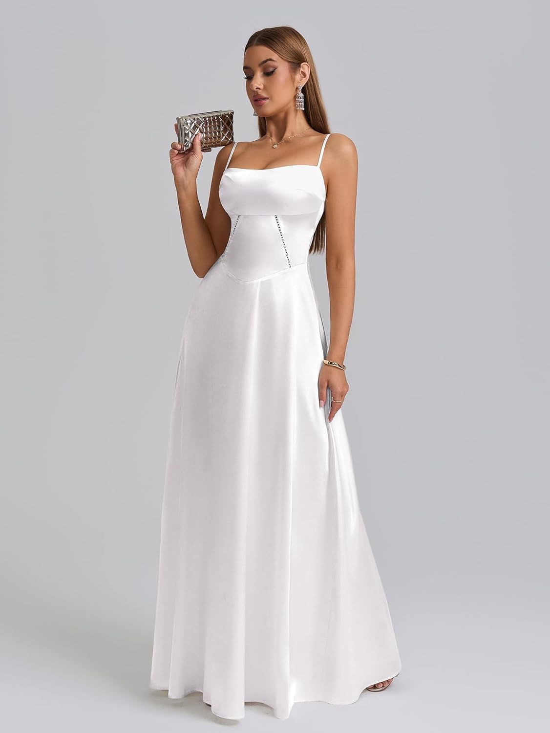 KUTUMAI Satin Maxi Dress Spaghetti Strap Lace Up Long Formal Dresses for Women Wedding Guest Cocktail Evening Prom - Image 5