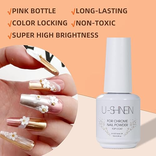 Miniatura 3 de Gel de capa superior para polvo de uñas cromado, 0.5 fl oz (0.5 fl oz) sin limpiar, esmalte de uñas de gel transparente brillante de alto brillo con