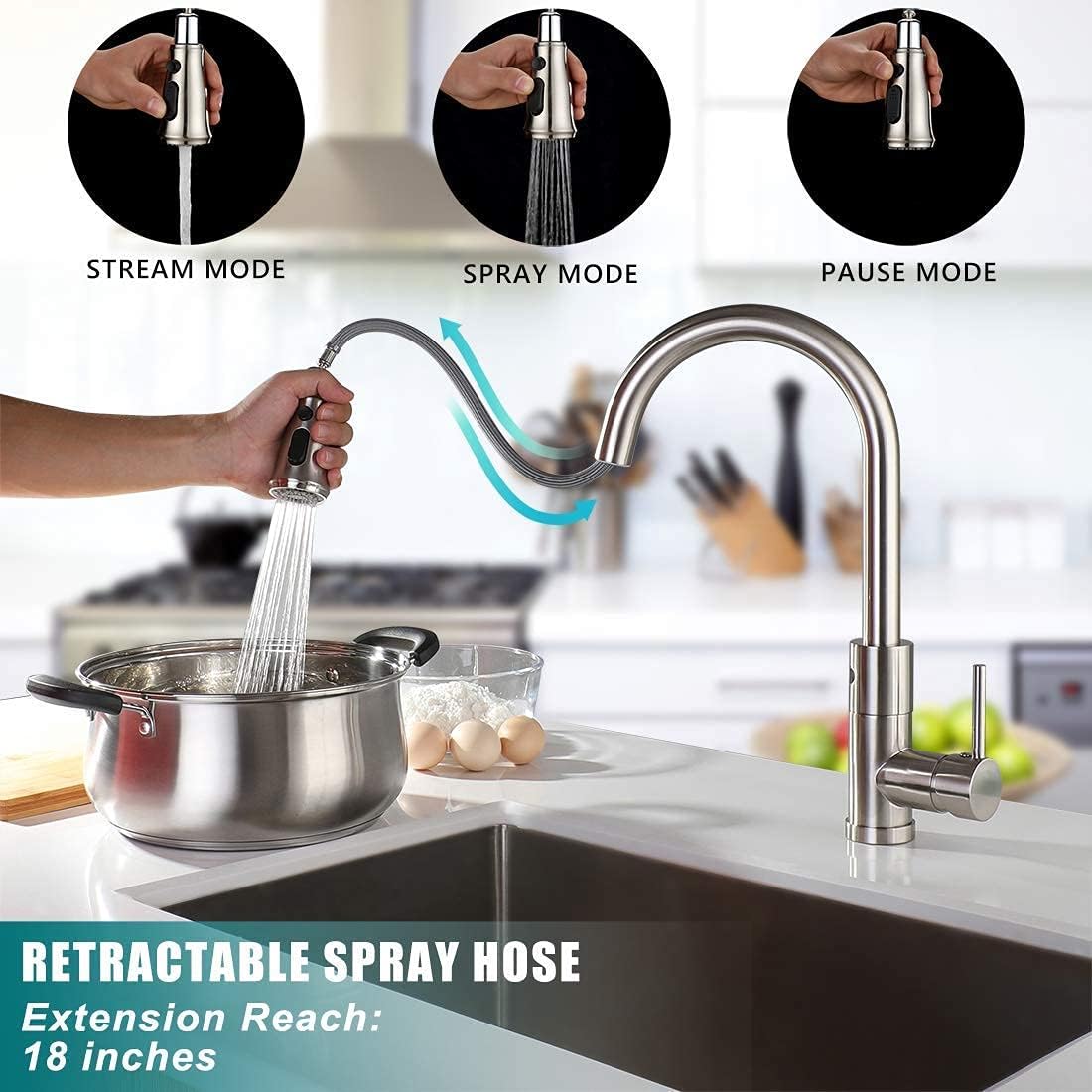 Super Sale 🛒 WILLSLAND Touchless Kitchen Faucet, Swivel Motion Sensor Kitchen Faucet Touchless with 3-Mode Pull Down Sprayer, Brushed Nickel Anti-Fingerprint Hands Free Faucet Brass Body