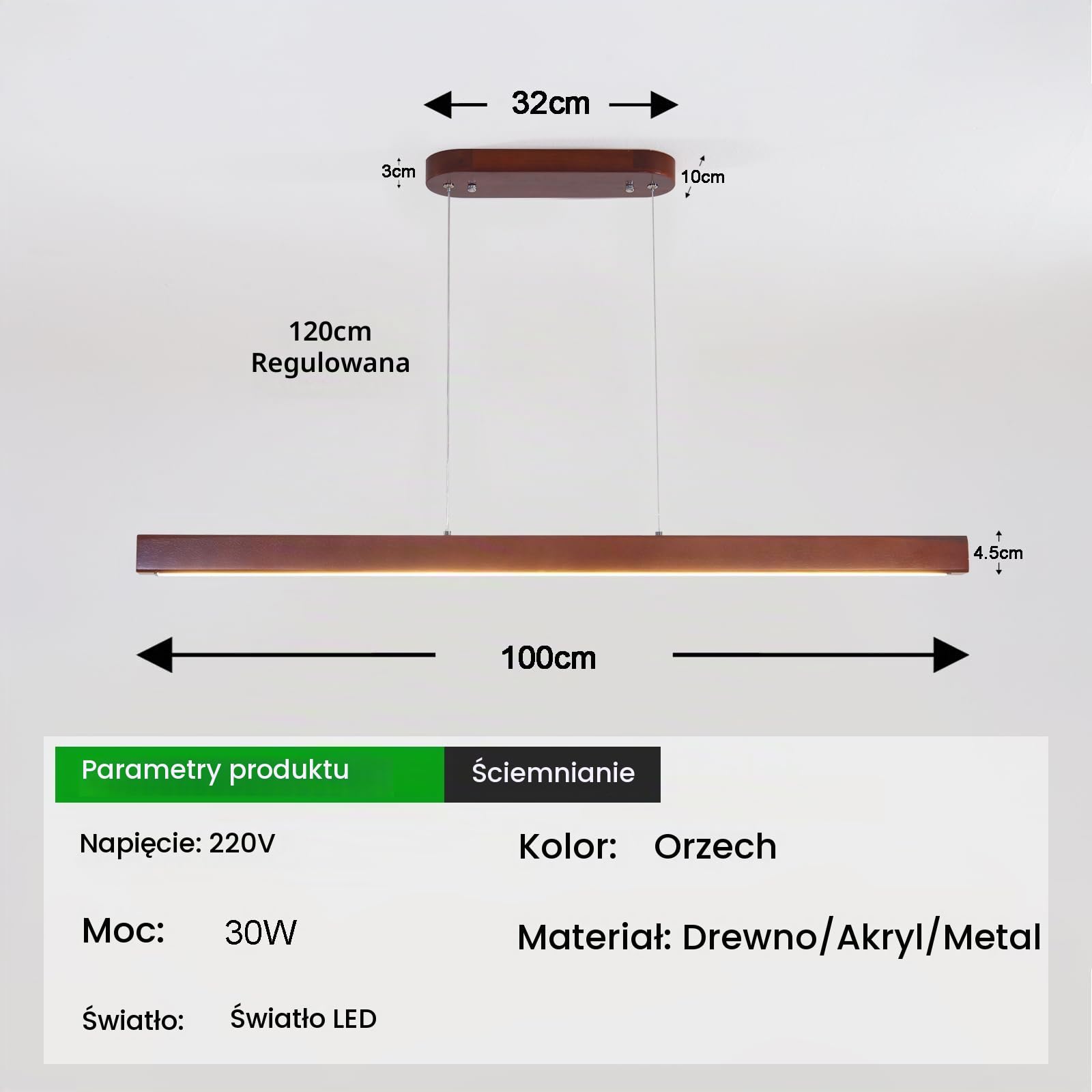 Lampa wisząca do jadalni, drewniana, ściemniana LED, 100 cm, orzech, kuchenna, z pilotem zdalnego sterowania, regulacja wysokości, 30 W, nowoczesna lampa do salonu, lampa do jadalni