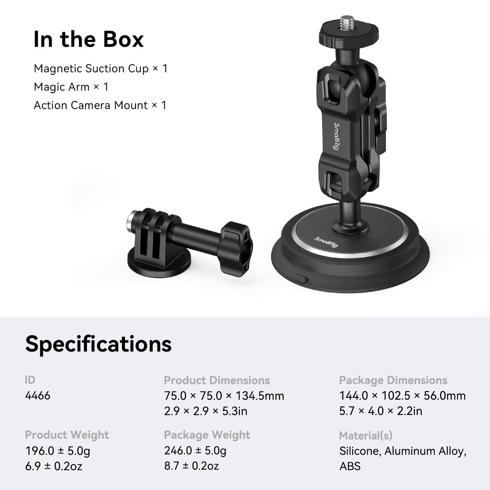 SMALLRIG Magnetic Suction Cup Mount 2-w-1 Magnetyczny Uchwyt na Przyssawkę dla Gopro, Uchwyt Samochodowy do Kamery Sportowej na Zewnątrz, z Głowicą Kulową Magic Arm - 4466