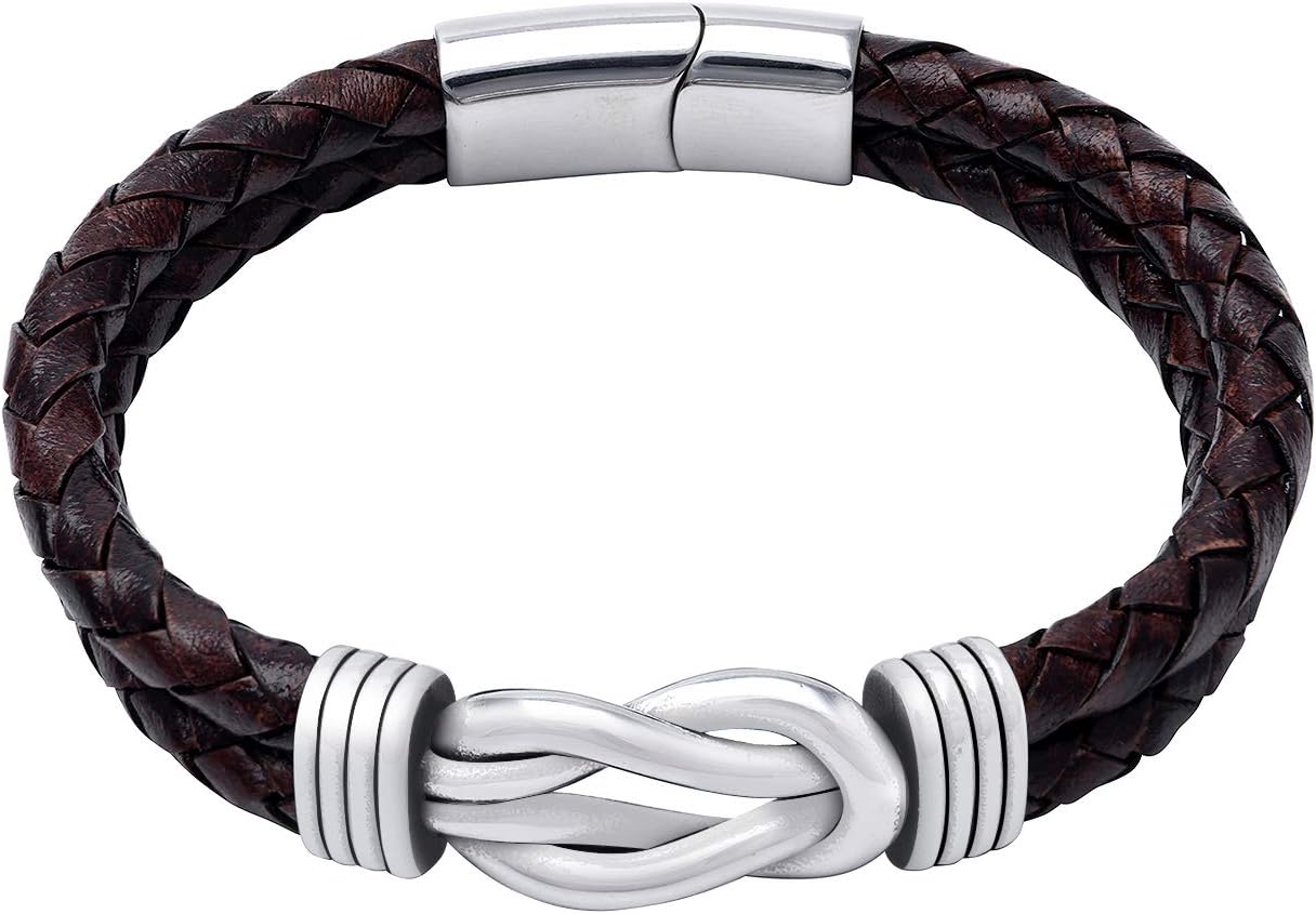 SilverMania925 Stainless Steel Celtic Infinity Knot Pagan Braided Leather Bracelet