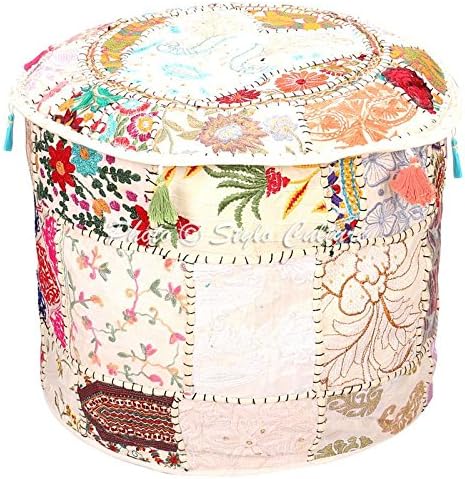 Stylo Culture Funda decorativa para asiento de puf redondo de retazos, puf otomano bordado de algodón blanco, floral, muebles tradicionales,