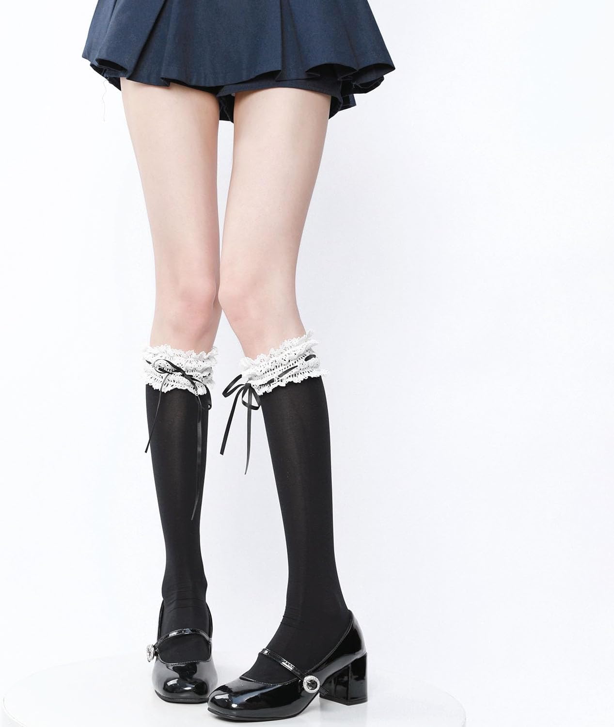 Womens Lace Knee High Stockings Cute Lace Ruffle Lolita Socks Nylon Knee Highs Black White Halloween Long Socks