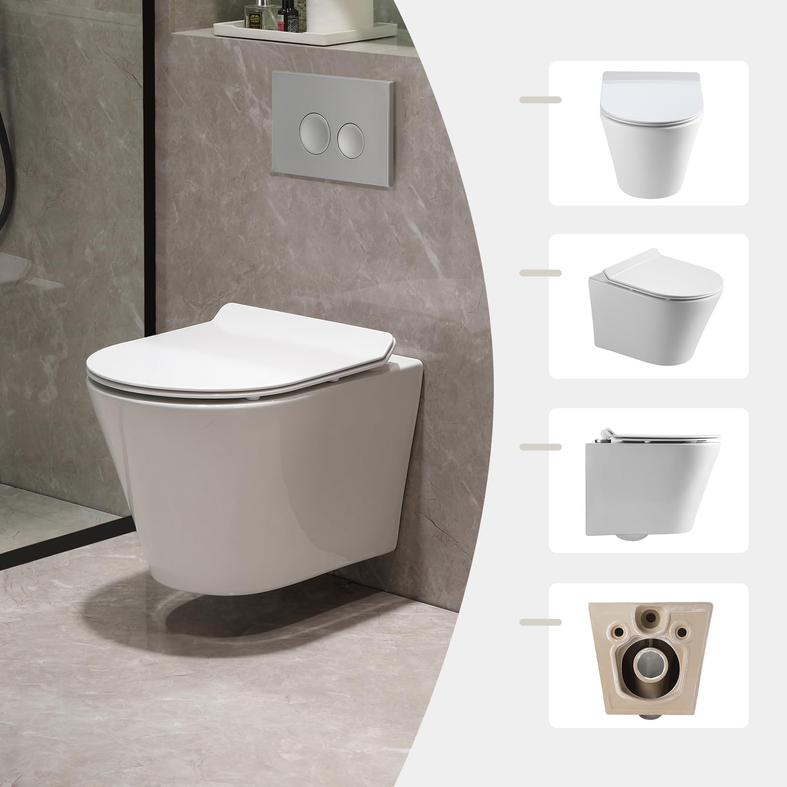Wisząca toaleta i element podtynkowy, kompletny zestaw WC z podtynkową spłuczką, płyta uruchamiająca WC, bezzapachowa muszla klozetowa, wolnoopadająca pokrywa UF, z powłoką nano