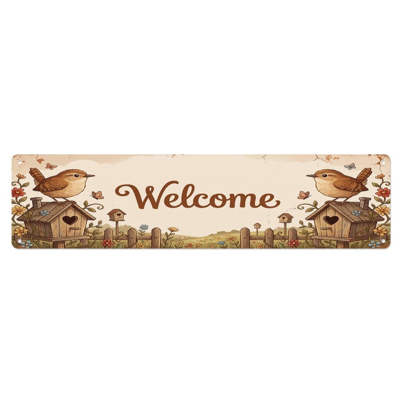 Cxhjca 4X16inch(10X40cm) Vintage Welcome Wren Birdhouse Metal Tin Sign
