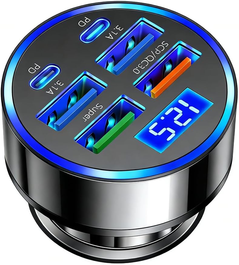 USB C Car Charger Adapter with Voltmeter Compatible with iPhone 16 15 14 13 12 11, Android, Samsung, 120W 6 in 1 Multi-Port QC3.0 +3.1A +2PD Super Fast Charging Cigarette Lighter USB Charger
