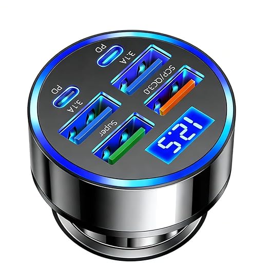 USB C Car Charger Adapter with Voltmeter Compatible with iPhone 16 15 14 13 12 11, Android, Samsung, 120W 6 in 1 Multi-Port Super Fast Charging Cigarette Lighter USB Charger