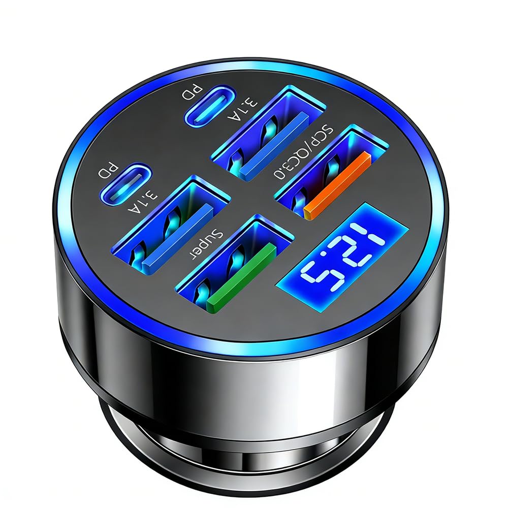 Super Fast Charging 6-Port 120W USB C Car Phone Charger with Voltmeter, Car Accessories Multi-Device Car Charger Adapter for iPhone/Samsung/Android