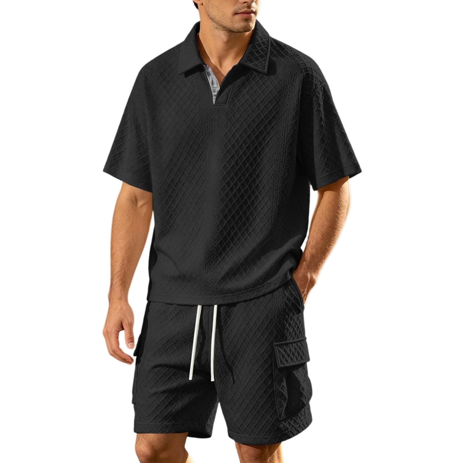 Tuta da uomo con jacquard, 2 pezzi, estiva, pantaloncini e polo, a maniche corte, tuta da jogging, tinta unita, traspirante, per il tempo libero