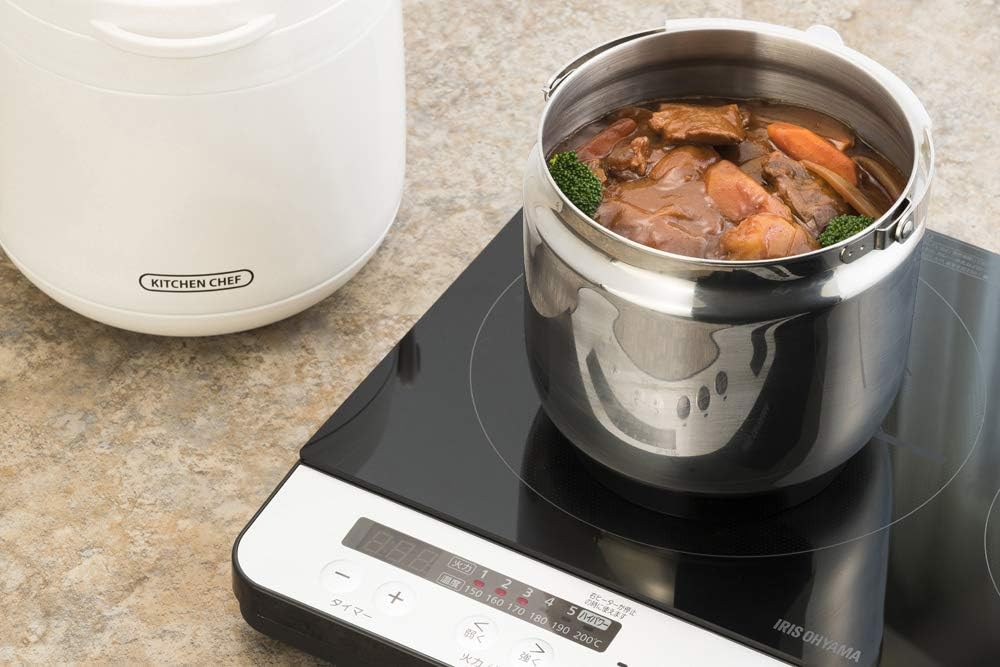 Iris Ohyama RWP-N45 Thermal Cooking Pot, 1.6 gal (4.5 L), Gas Fire/Induction Compatible, Time Saving, Double Vacuum, Includes Recipe Book, White