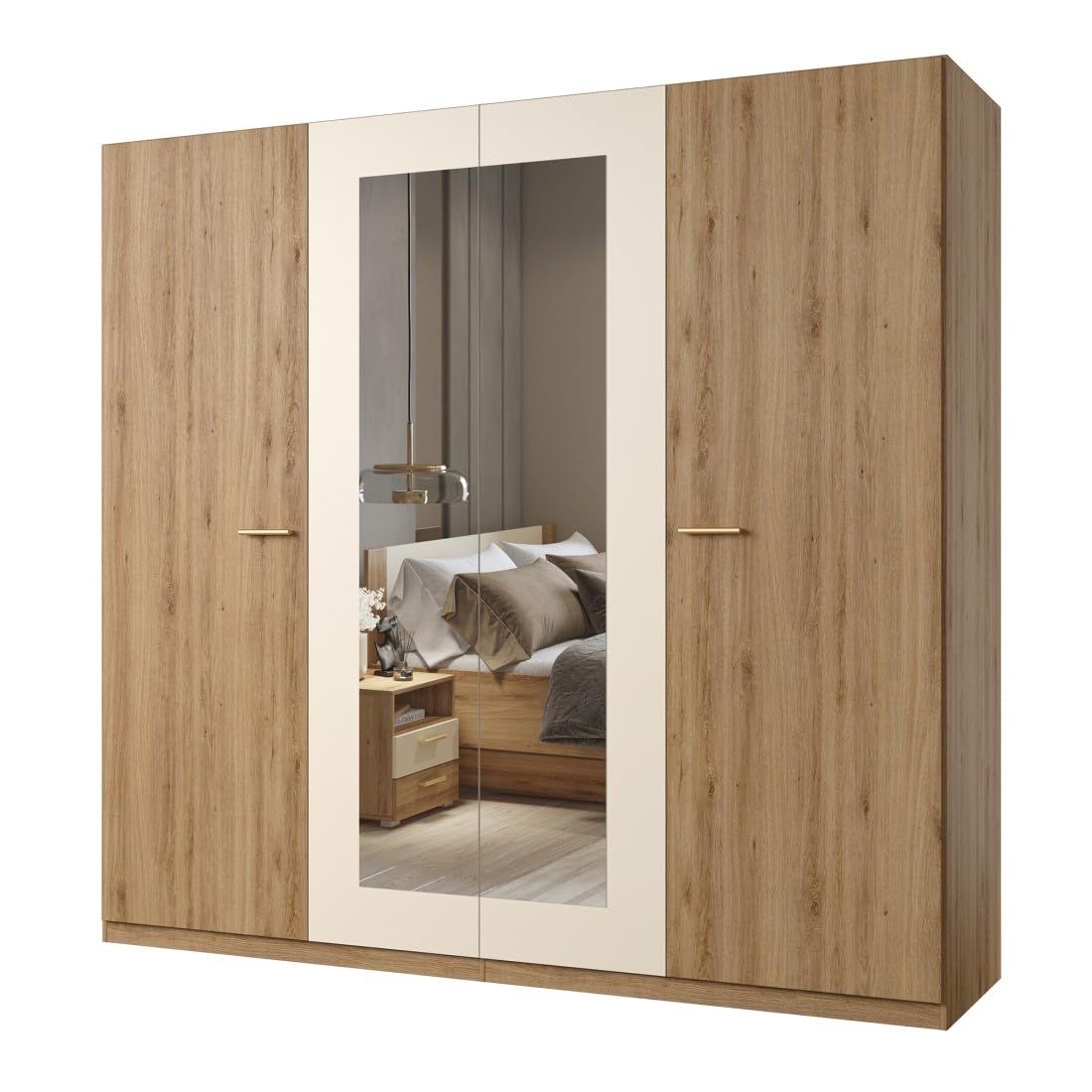 Meublorama Chambre complète Vertigo – Lit 180x200 avec sommier, 2 chevets, Armoire 4 Portes + Contour Design