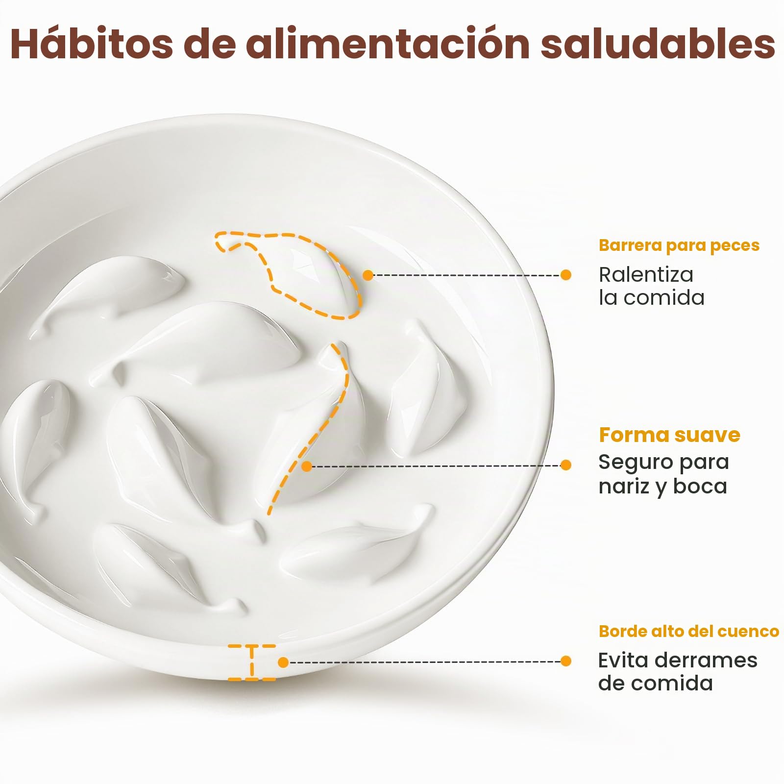 PETTOM Comedero Lento de Cerámica para Gatos con Soporte de Bambú Elevado – Cuenco para Gato y Perros pequeños con Sistema Antivoracidad, Plato de Gatos para Ralentizar Comida (Bol Blanco con pie)