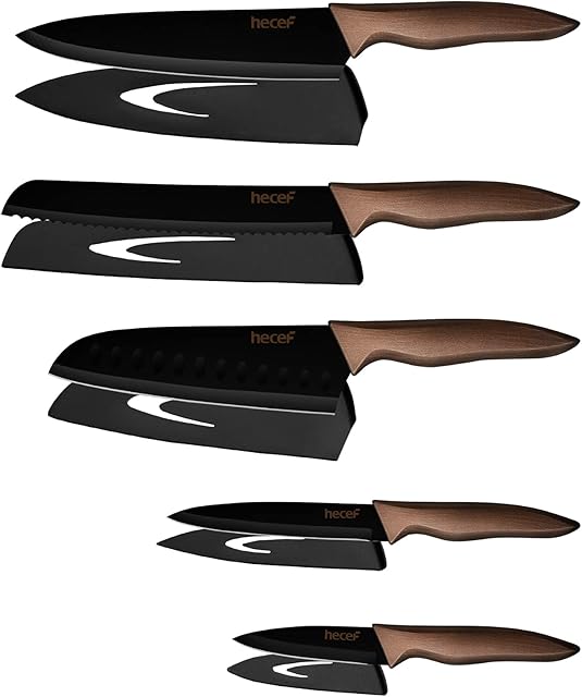 hecef Kitchen Knife Set, Stainless Steel Non Stick Black Colour Coating Blade Knives, Includes 8'' Chef Knife, 8'' Bread Knife, 7'' Santoku Knife, 5''Utility Knife and 3.5'' Paring Knife