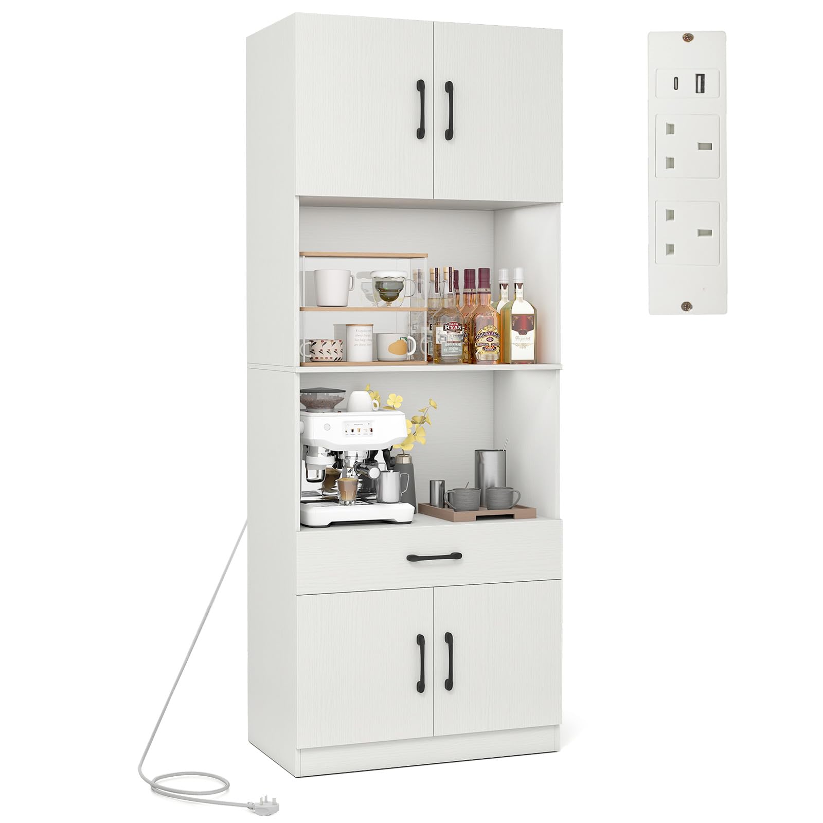 COSTWAY 168cm Tall Kitchen Cupboard, 4-Door Buffet Pantry Storage Cabinet with Built-in Power Outlet, 2 Adjustable Shelves & Anti-tipping Device, Modern Sideboard Unit (2 Open Shelves, with Drawer)