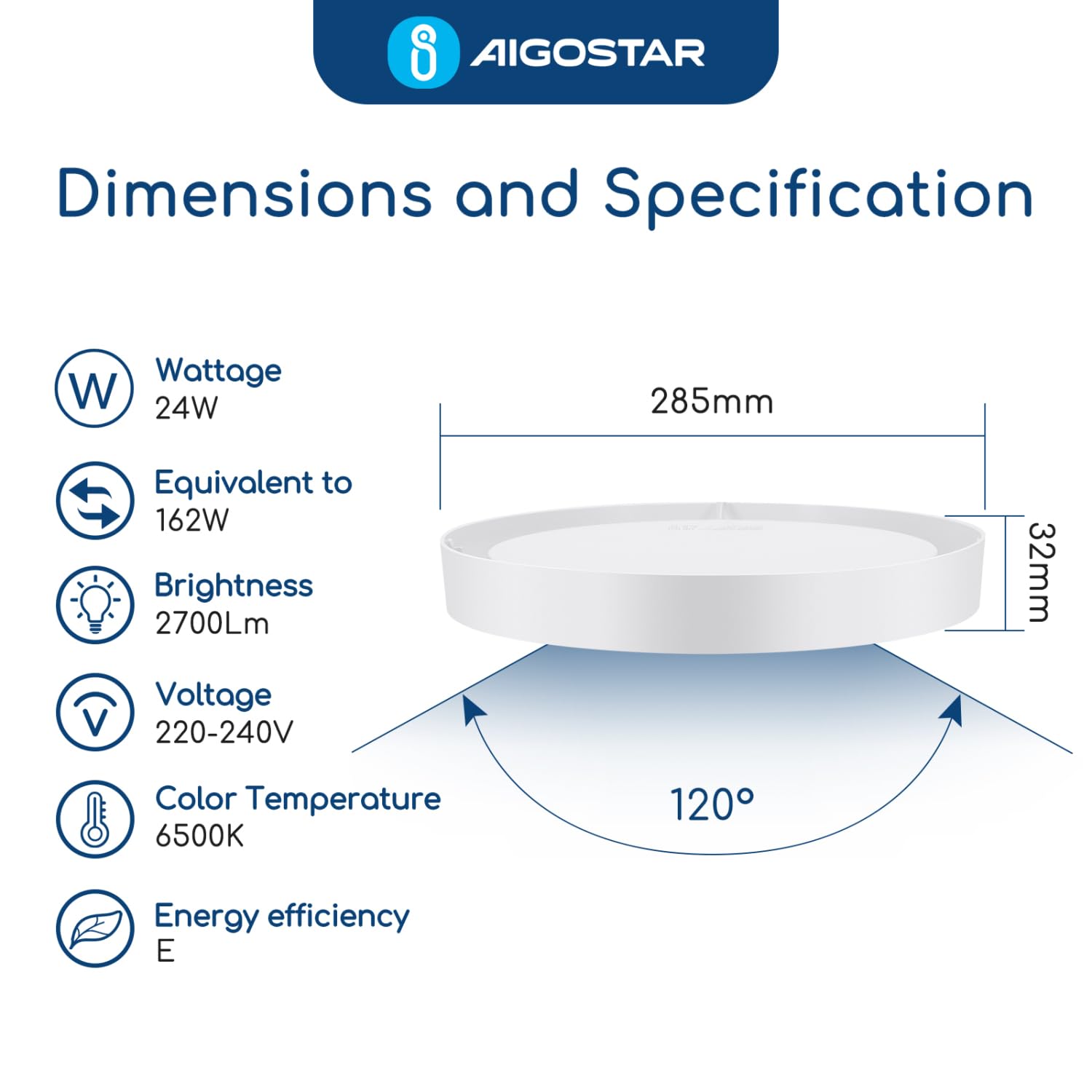 Aigostar Lampara de Techo LED 24W Ø285mm Plafon LED Techo 2700LM Luz blanco fria 6500K para Sala de Estar,Dormitorio,Cocina,Pasillo,Balcón