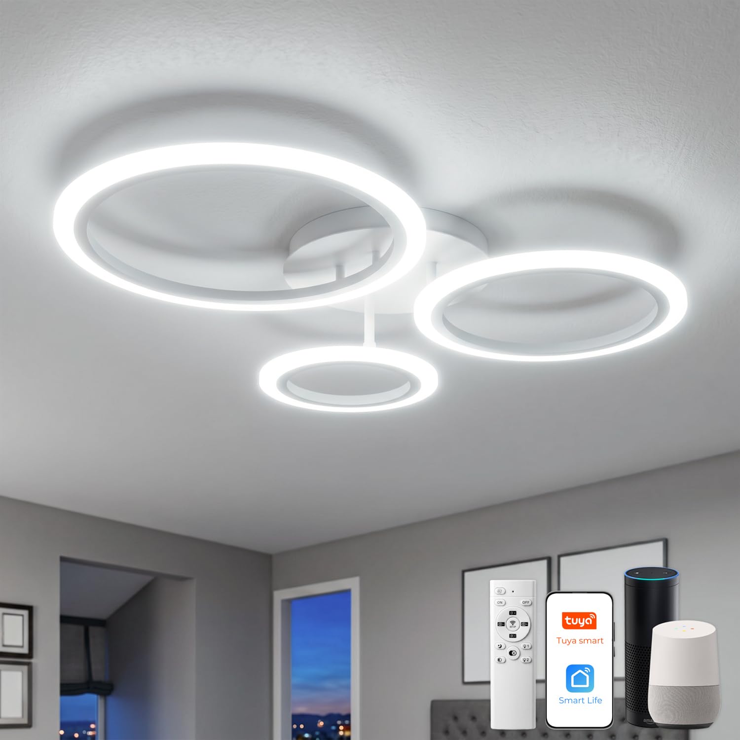 Smart LED Deckenleuchte Dimmbar, 3-Ring Deckenlampe (59x45cm, 19W, 1900lm), WiFi App & Alexa Sprachsteuerung, CCT 3000K-6500K, Moderne Schlafzimmerlampe mit Memory-Funktion & Timer, Weiß