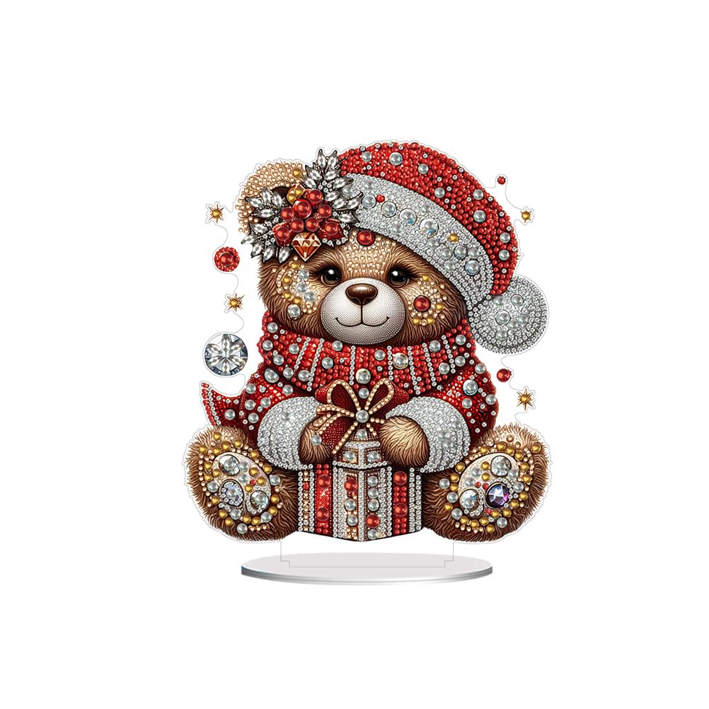Meecaa DIY Diamond Desktop Ornament Kit Bear Animal Scarf Christmas Special Shaped Crystal Diamond Painting Tabletop Ornaments Single Sided Diamond Home Decor (Bear 1)