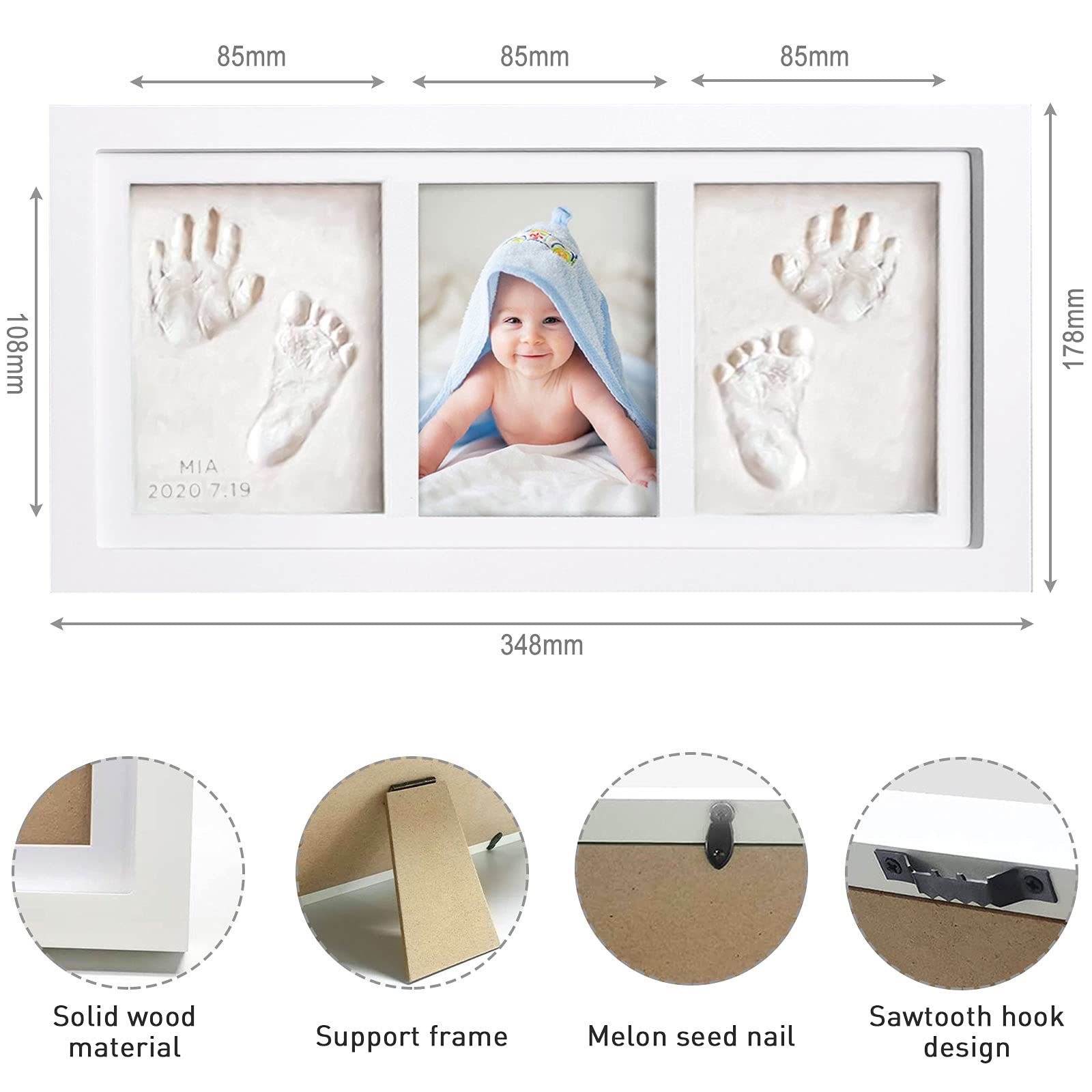 Kit Porta Foto Impronta Mani e Piedi Neonati, Cornice Impronte Neonato con Portafoto Legno e Argilla