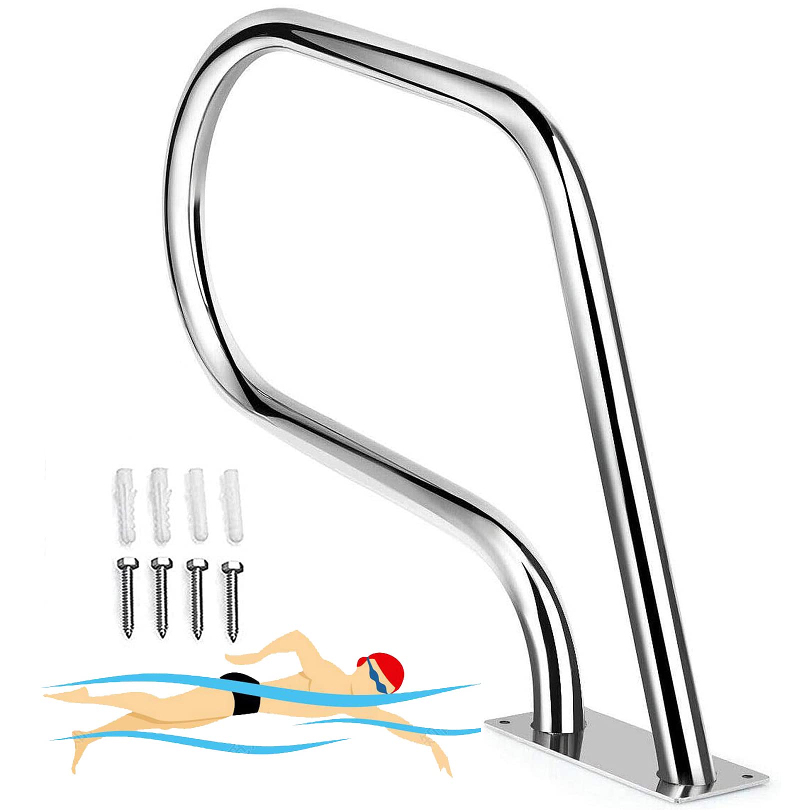 Main courante pour piscine creusée en inox 3 plis avec plaque de montage