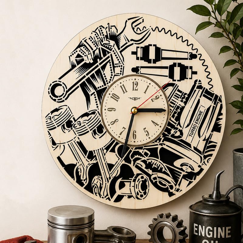 Automotive Wooden Wall Clock for Car Enthusiasts | Turbo Engine & Mechanic Tools Wall Clock | Garage Workshop Decor | Gift for Mechanics, Engineers & Car Lovers-image-23