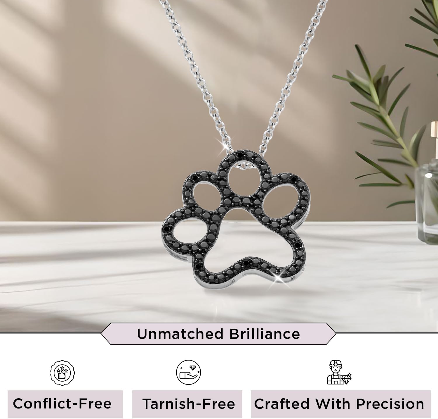 Jewelili Sterling Silver or Yellow Gold Plated Sterling Silver Dog Paw Pendant Necklace for Women | Treated Black or Natural White Round Diamonds | 18" Rolo Chain | Luxury Jewelry| Gift Box Included