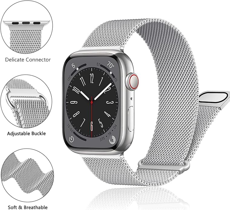 Image of Meyaar Magnetic Loop for Apple Watch Band 46mm 42mm 44mm 45mm 49mm Women Men,Magnet Stainless Steel Mesh Metal Strap for iWatch Ultra /2 Series 10 9 8 7 6 5 4,SE /2nd Generation (Black-Silver)