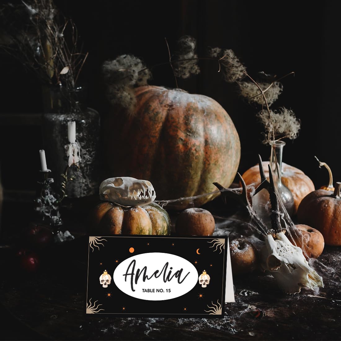 Andaz Press Halloween Name Place Cards for Table Setting, Celestial Moon Blank Food Labels for Party Buffet Cards, Dessert Table Display, Scored Mini Signs Food Display, 24 Pack 2 x 3.5