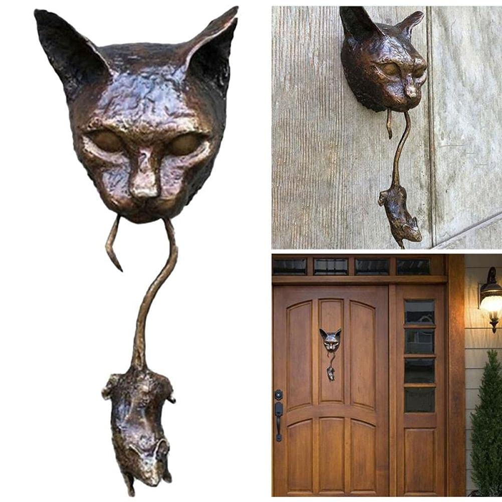 HUSHUI Heurtoir de Porte, Sculpture de heurtoir de Porte de Chat Chat Attraper Souris Sculpture Murale Pendentif en résine pour Salon de Cour